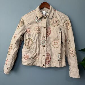 Coldwater Creek 100% Linen Button Up Jacket Beautiful Embroidery Beads. Size XS